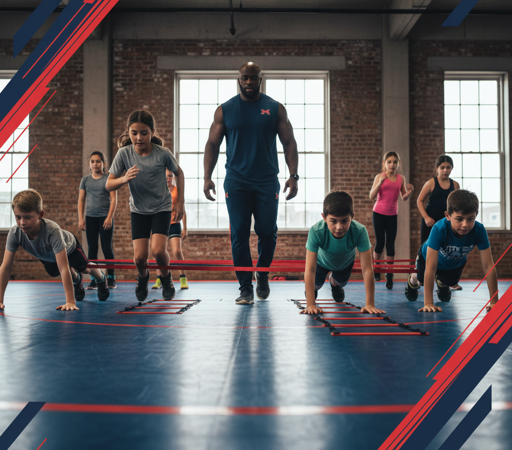 Diverse youth wrestlers building athletic skills with their coach